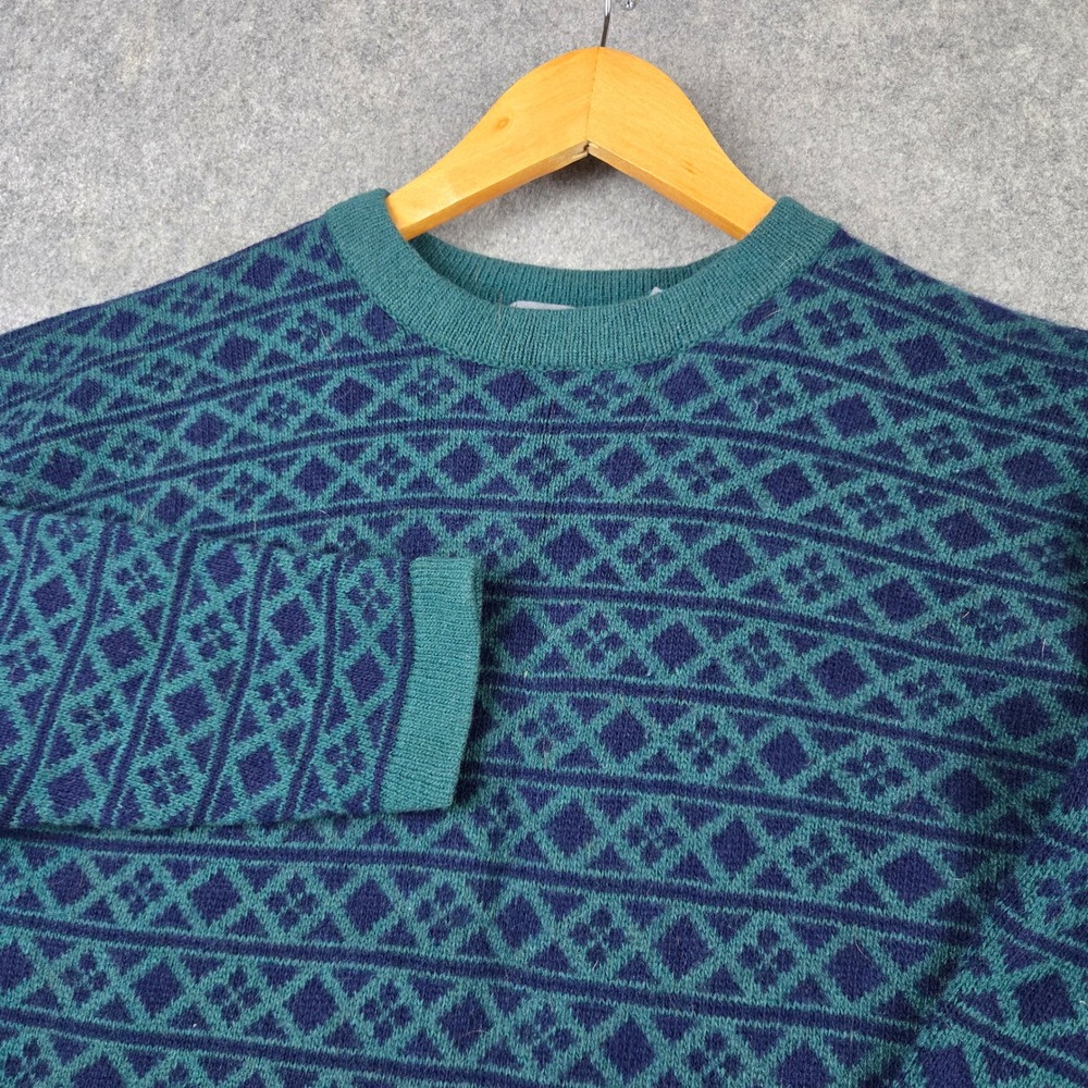 Vintage Gap Sweater Womens Medium Teal Green Fair Isle Knit Lambswool Crewneck